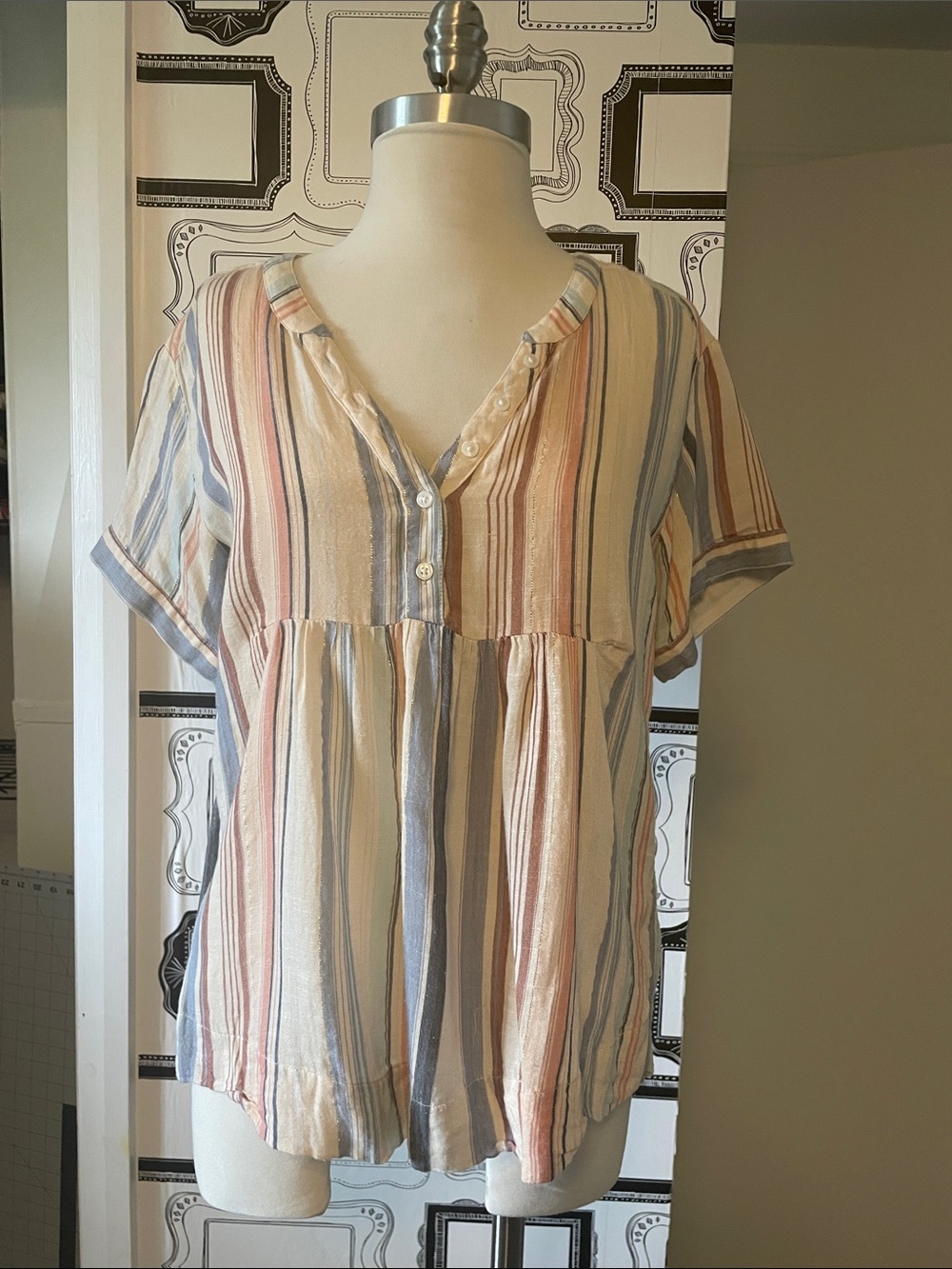 Lucky Brand Pastel Striped Short Sleeve Peasant Top - Cream, Blue, Pink